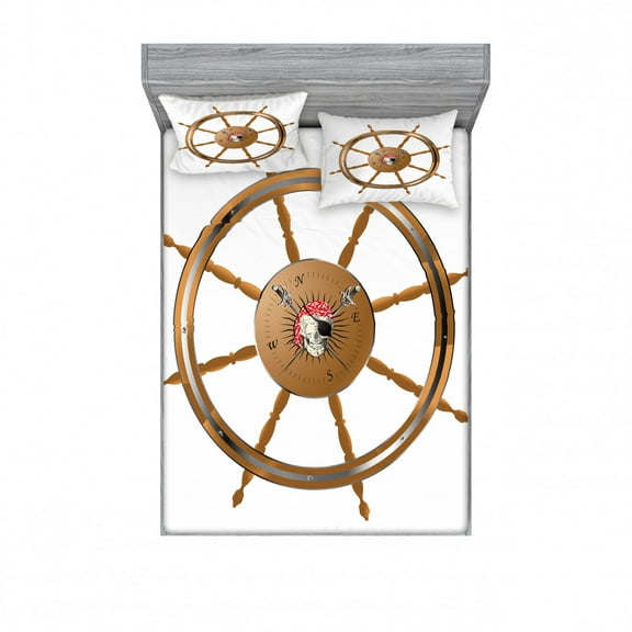 Ambesonne Vintage Fitted Sheet & Pillow Sham Set, Pirate Sea Ship Wheel, Full, Brown Black