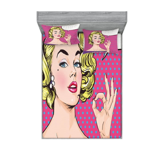 Ambesonne Vintage Fitted Sheet & Pillow Sham Set, Pop Art Woman OK Sign, Queen, Multicolor