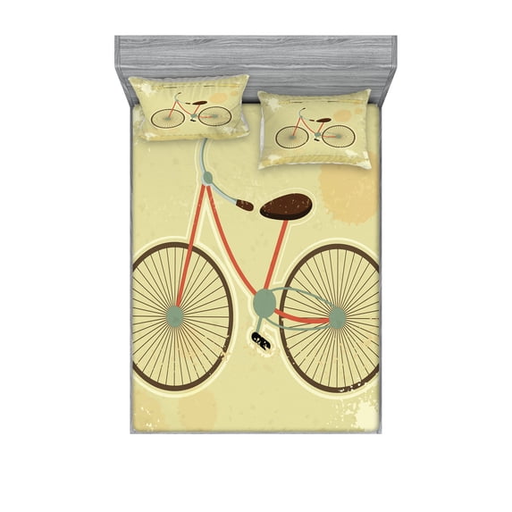 Ambesonne Vintage Fitted Sheet & Pillow Sham Set, Postcard of Retro Bike, Full, Brown and Khaki