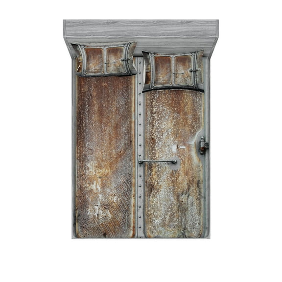 Ambesonne Vintage Fitted Sheet & Pillow Sham Set, Power Locomotive Train, Queen, Grey Brown