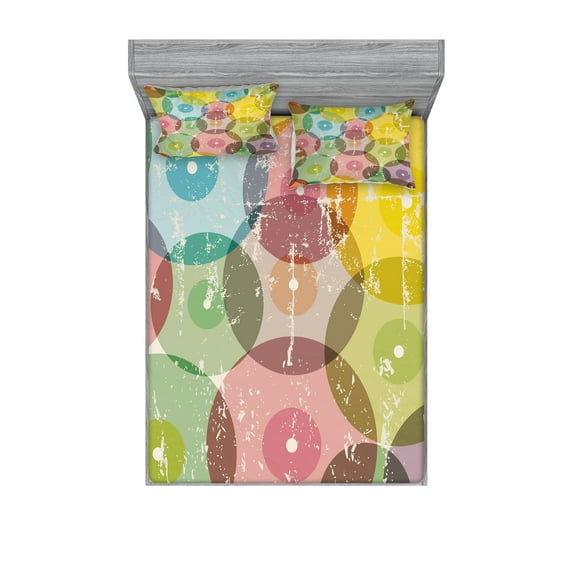 Ambesonne Vintage Fitted Sheet & Pillow Sham Set, Rainbow Color Geometric, Full, Multicolor