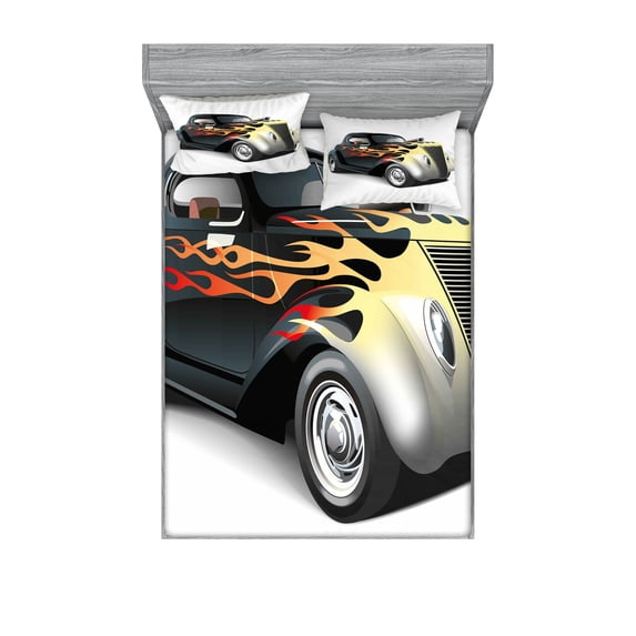 Ambesonne Vintage Fitted Sheet & Pillow Sham Set, Retro 40s Drag Car, Queen, Grey Orange