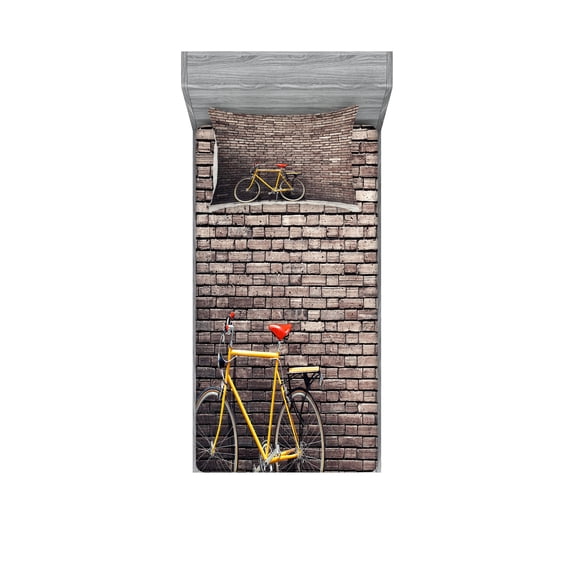 Ambesonne Vintage Fitted Sheet & Pillow Sham Set, Retro Bicycle on Wall, Twin, Grey Yellow Red