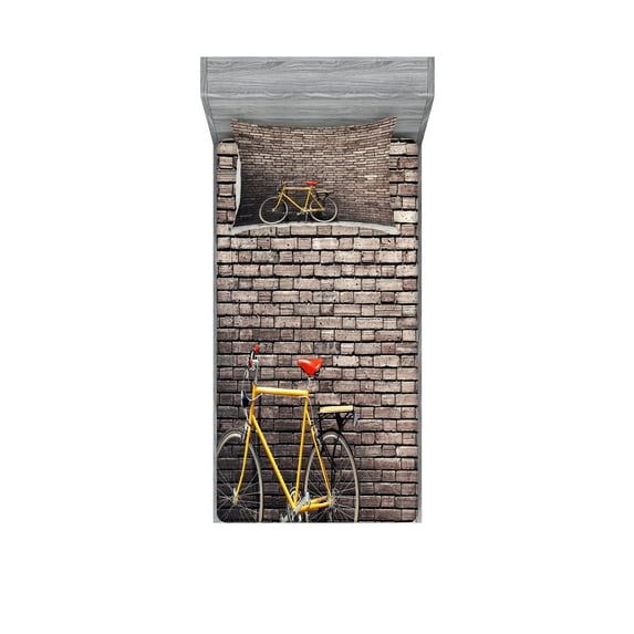 Ambesonne Vintage Fitted Sheet & Pillow Sham Set, Retro Bicycle on Wall, Twinxl, Grey Yellow Red