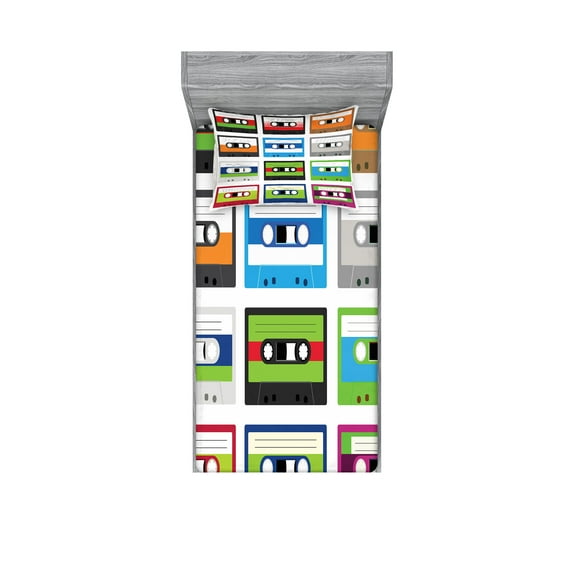 Ambesonne Vintage Fitted Sheet & Pillow Sham Set, Retro Cassette Collage, Twinxl, Green Blue