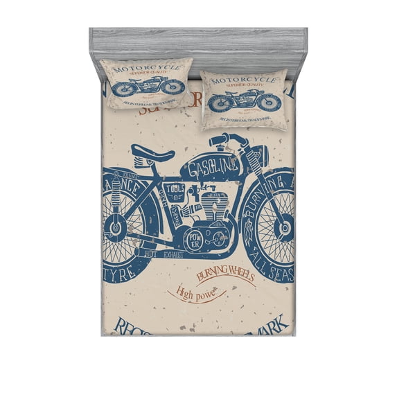 Ambesonne Vintage Fitted Sheet & Pillow Sham Set, Retro Chopper Rider, Queen, Slate Blue Tan
