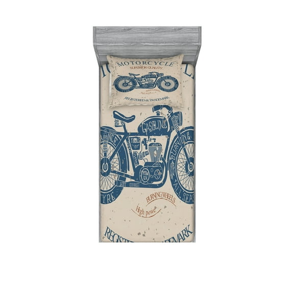 Ambesonne Vintage Fitted Sheet & Pillow Sham Set, Retro Chopper Rider, Twin, Slate Blue Tan
