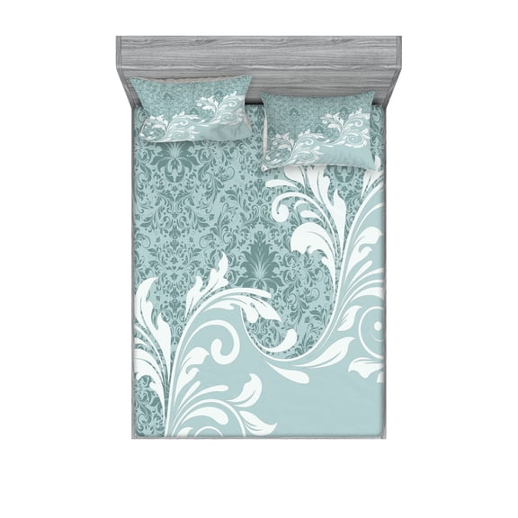 Ambesonne Vintage Fitted Sheet & Pillow Sham Set, Retro Floral Ivy Swirls, Queen, Slate Blue Pale Blue