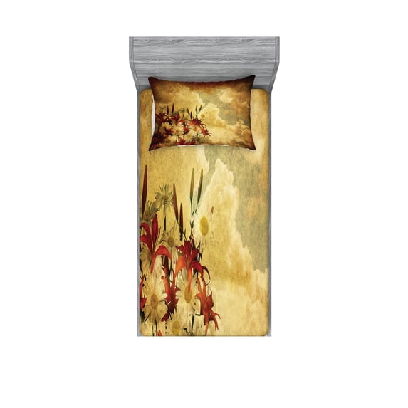 Ambesonne Vintage Fitted Sheet & Pillow Sham Set, Retro Flower Chamomile, Twin, Tan Orange