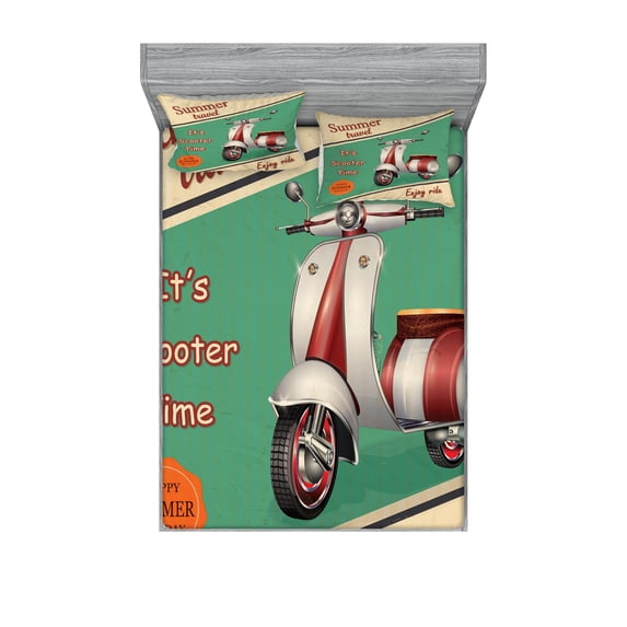 Ambesonne Vintage Fitted Sheet & Pillow Sham Set, Retro Motorbike Words, Queen, Multicolor