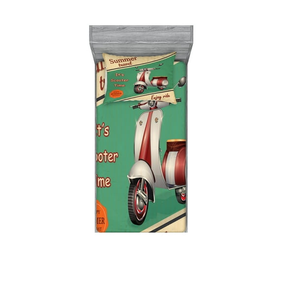 Ambesonne Vintage Fitted Sheet & Pillow Sham Set, Retro Motorbike Words, Twinxl, Multicolor