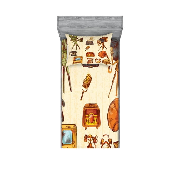 Ambesonne Vintage Fitted Sheet & Pillow Sham Set, Retro Old Technology, Twin, Cream and Pale Caramel