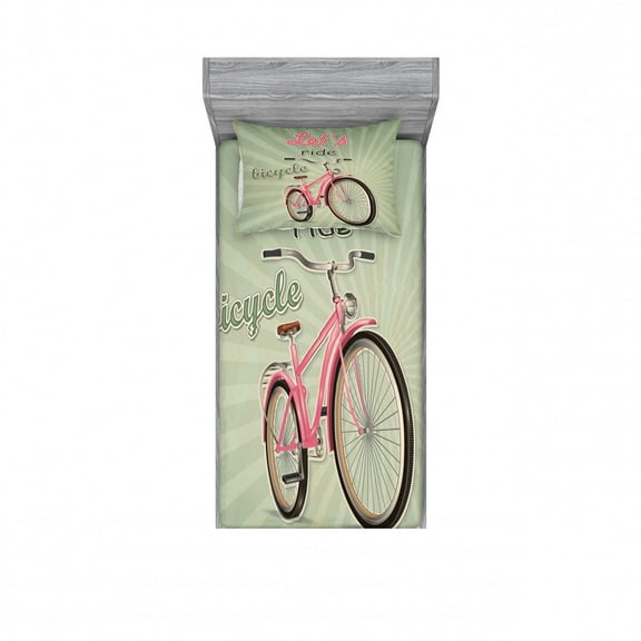 Ambesonne Vintage Fitted Sheet & Pillow Sham Set, Retro Pop Art Bike, Twin, Green Pink