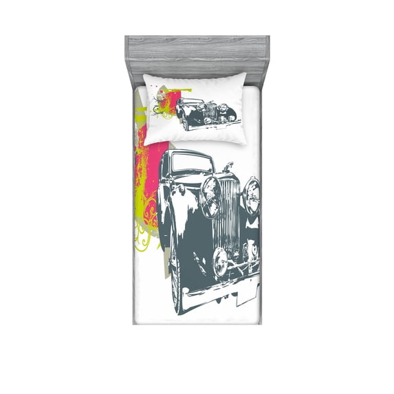 Ambesonne Vintage Fitted Sheet & Pillow Sham Set, Retro Pop Classic Car, Twin, Lime Green Slate Blue