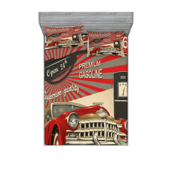 Ambesonne Vintage Fitted Sheet & Pillow Sham Set, Retro Poster Effect, Full, Vermilion Beige