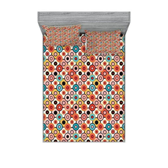 Ambesonne Vintage Fitted Sheet & Pillow Sham Set, Retro Style Bubbles, Full, Orange Yellow