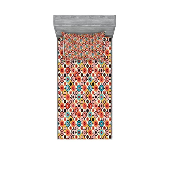 Ambesonne Vintage Fitted Sheet & Pillow Sham Set, Retro Style Bubbles, Twin, Orange Yellow