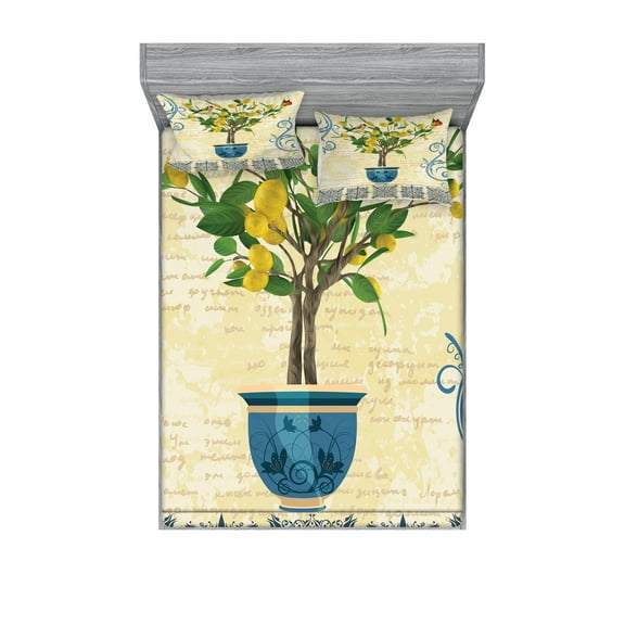 Ambesonne Vintage Fitted Sheet & Pillow Sham Set, Retro Style Lemon Tree, Queen, Multicolor