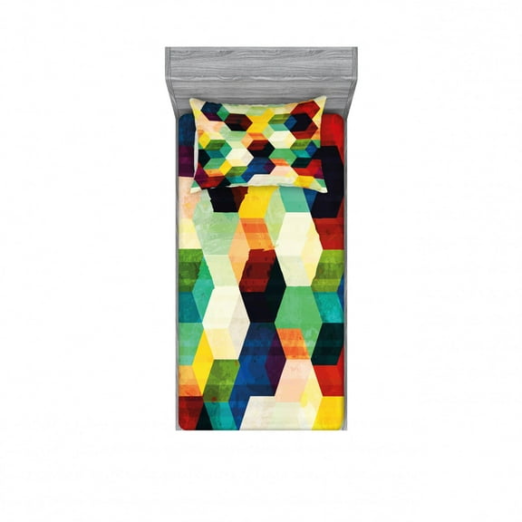 Ambesonne Vintage Fitted Sheet & Pillow Sham Set, Rhombus Pattern Grunge, Twinxl, Multicolor