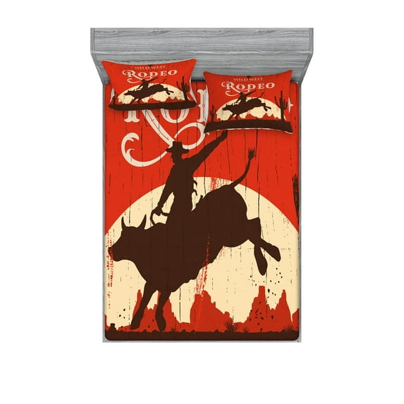 Ambesonne Vintage Fitted Sheet & Pillow Sham Set, Rodeo Cowboy Rides Bull, Queen, Orange Brown