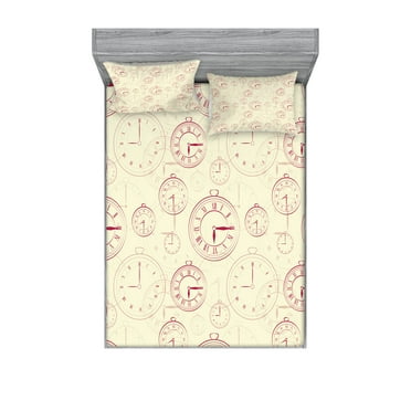 Ambesonne Vintage Fitted Sheet & Pillow Sham Set, Roman Digits on a Clock, Full, Pale Yellow Magenta