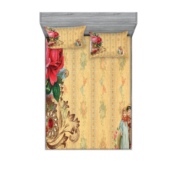 Ambesonne Vintage Fitted Sheet & Pillow Sham Set, Romantic Country Roses, Full, Sand Brown Pale Pink