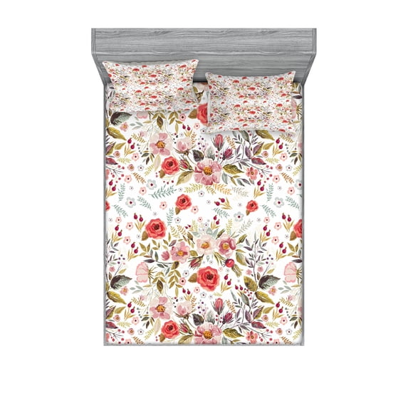 Ambesonne Vintage Fitted Sheet & Pillow Sham Set, Romantic Feminine Spring, Full, Multicolor