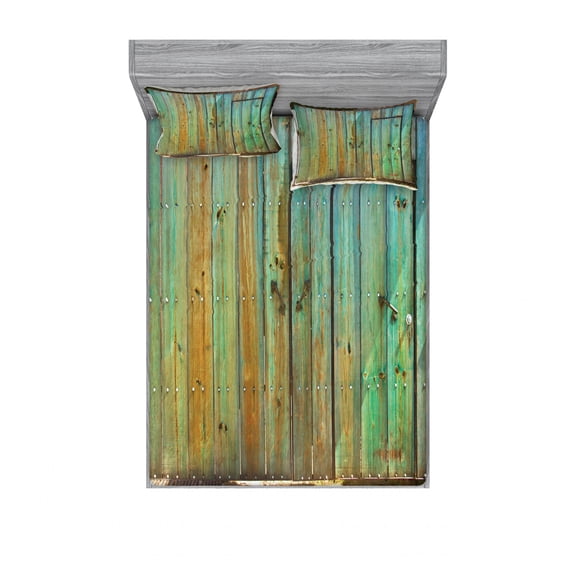 Ambesonne Vintage Fitted Sheet & Pillow Sham Set, Rustic Old Wooden Door Look, Full, Brown and Mint