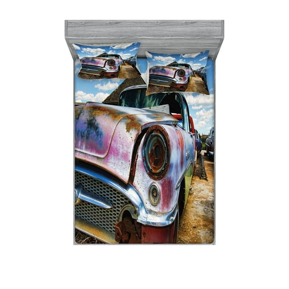 Ambesonne Vintage Fitted Sheet & Pillow Sham Set, Rusty Abandoned Cars, Full, Pale Coffee and Blue