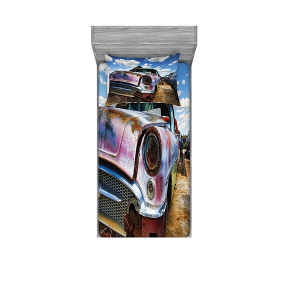 Ambesonne Vintage Fitted Sheet & Pillow Sham Set, Rusty Abandoned Cars, Twinxl, Pale Coffee and Blue