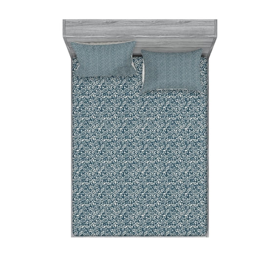 Ambesonne Vintage Fitted Sheet & Pillow Sham Set, Silhouette Leaves and Stems, Queen, Dark Teal and Eggshell