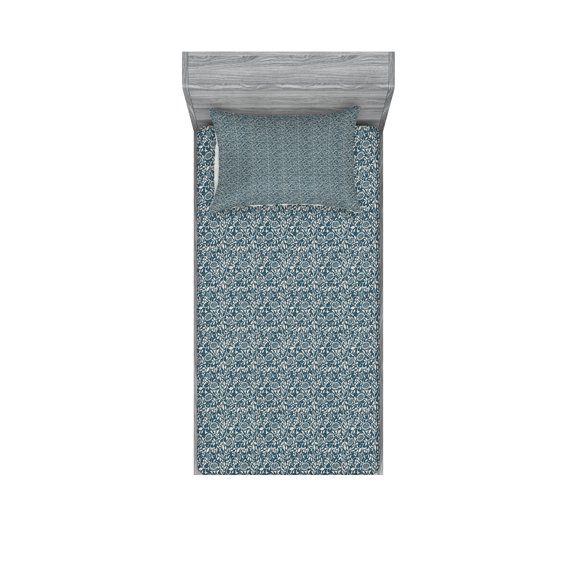 Ambesonne Vintage Fitted Sheet & Pillow Sham Set, Silhouette Leaves and Stems, Twin, Dark Teal and Eggshell