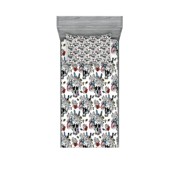 Ambesonne Vintage Fitted Sheet & Pillow Sham Set, Skulls and Flowers, Twinxl, Multicolor
