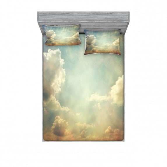Ambesonne Vintage Fitted Sheet & Pillow Sham Set, Sky Dream Star, Queen, Blue White