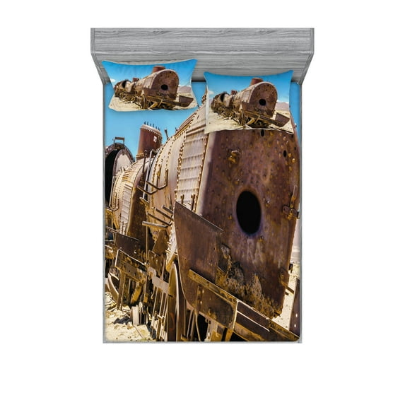 Ambesonne Vintage Fitted Sheet & Pillow Sham Set, Steam Train Locomotive, Queen, Blue Brown