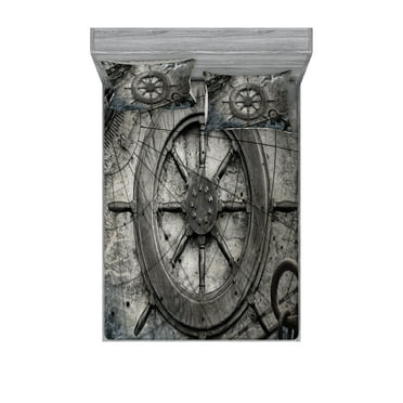 Ambesonne Vintage Fitted Sheet & Pillow Sham Set, Steering Wheel Grunge, Full, Charcoal