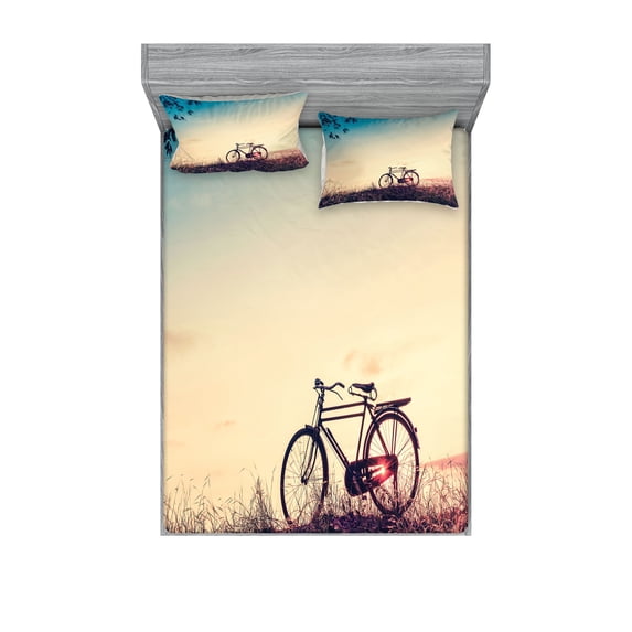 Ambesonne Vintage Fitted Sheet & Pillow Sham Set, Sunset Bicycle Pastel, Full, Pale Blue Black and Peach