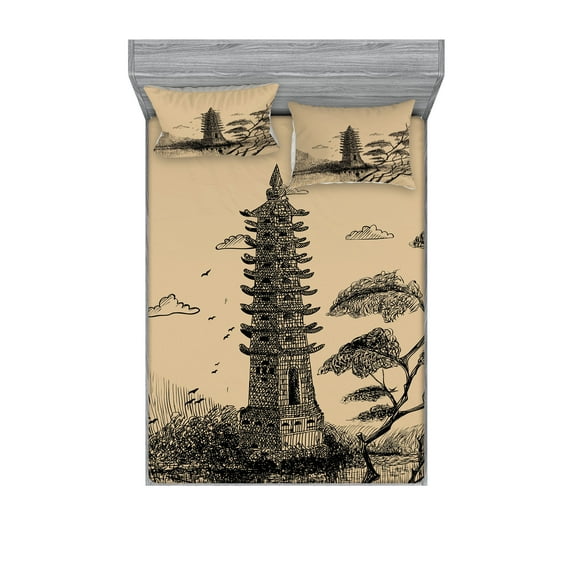 Ambesonne Vintage Fitted Sheet & Pillow Sham Set, Taoist House of Faith, Queen, Pale Brown Black