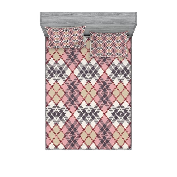 Ambesonne Vintage Fitted Sheet & Pillow Sham Set, Tartan Motif, Queen, Pale Pink Ivory Grey