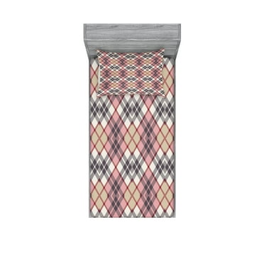 Ambesonne Vintage Fitted Sheet & Pillow Sham Set, Tartan Motif, Twinxl, Pale Pink Ivory Grey