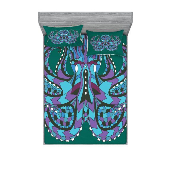 Ambesonne Vintage Fitted Sheet & Pillow Sham Set, Totem, Queen, Petrol Blue Mauve