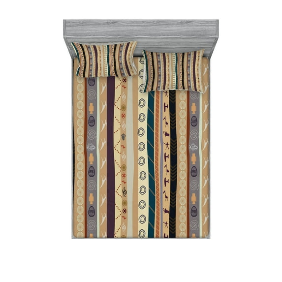 Ambesonne Vintage Fitted Sheet & Pillow Sham Set, Traditional Ornaments, Queen, Multicolor