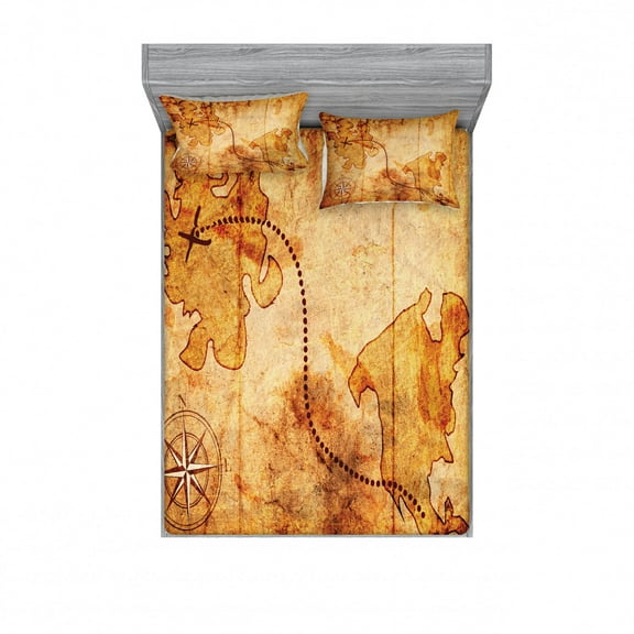 Ambesonne Vintage Fitted Sheet & Pillow Sham Set, Treasure Map Compass, Full, Tan