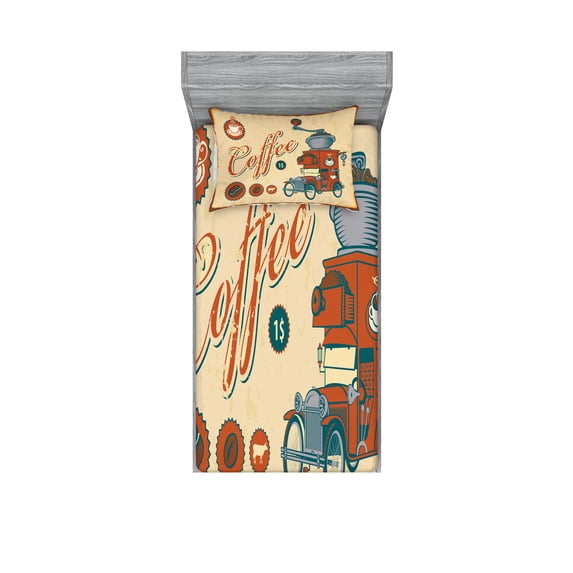 Ambesonne Vintage Fitted Sheet & Pillow Sham Set, Truck Coffee Grinder, Twinxl, Cream Orange Grey