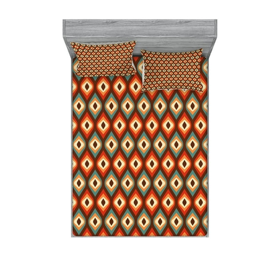 Ambesonne Vintage Fitted Sheet & Pillow Sham Set, Unusual Vibrant Shapes, Full, Multicolor