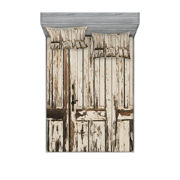 Ambesonne Vintage Fitted Sheet & Pillow Sham Set, Vertical Rustic Planks, Full, Brown White