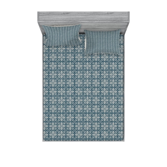 Ambesonne Vintage Fitted Sheet & Pillow Sham Set, Victorian Flower Petals, Queen, Dark Teal and Eggshell
