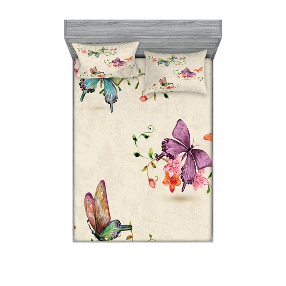 Ambesonne Vintage Fitted Sheet & Pillow Sham Set, Wings Moth Transformation, Full, Multicolor