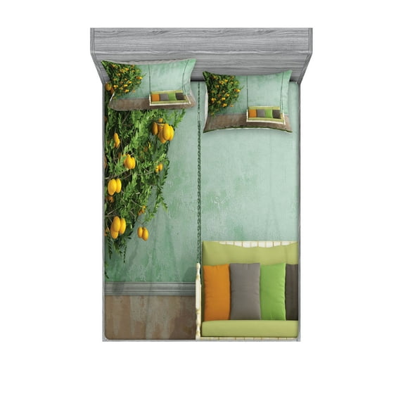 Ambesonne Vintage Fitted Sheet & Pillow Sham Set, Wooden Swing in Garden, Queen, Yellow Green