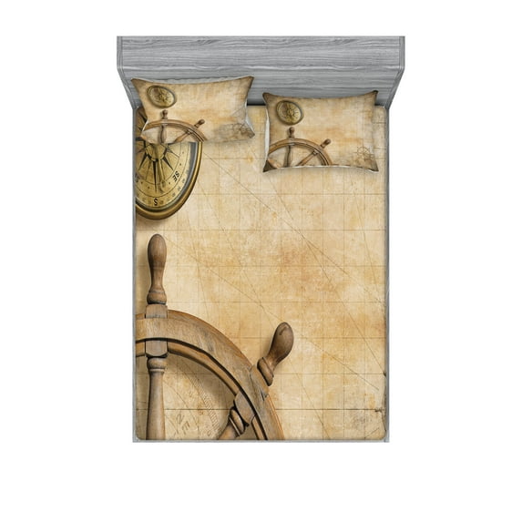 Ambesonne Vintage Fitted Sheet & Pillow Sham Set, Wooden Wheel Compass, Calking, Beige